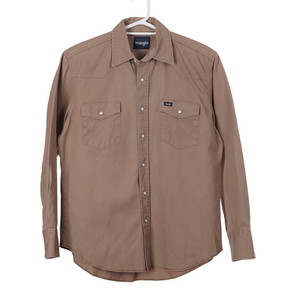 Wrangler Shirt Men L Brown Pearl Snap Western Cowboy Casual Long Sleeve Cotton